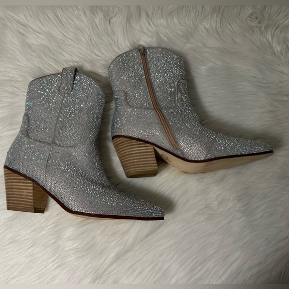 Rhinestone Booties for Women, Sparkly Cowgirl Boots Pointed Toe Chunky Heel - Picture 2 of 6